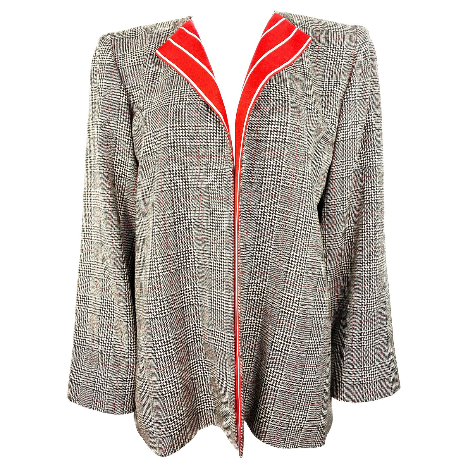 Galanos Amen Wardy Grey and Red Check Plaid Jacket: Product details: Features grey, black, white and red check plaid pattern on the outside and red and white striped pattern on the inside, loose fit, no closure. Reserve: $440.00 