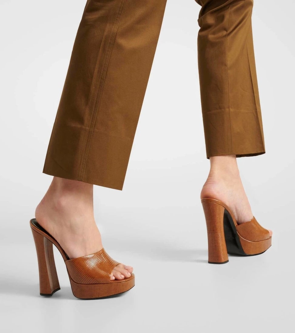 Saint Laurent Boogie 110 lizard-effect caramel brown leather platform YSL mules - 2