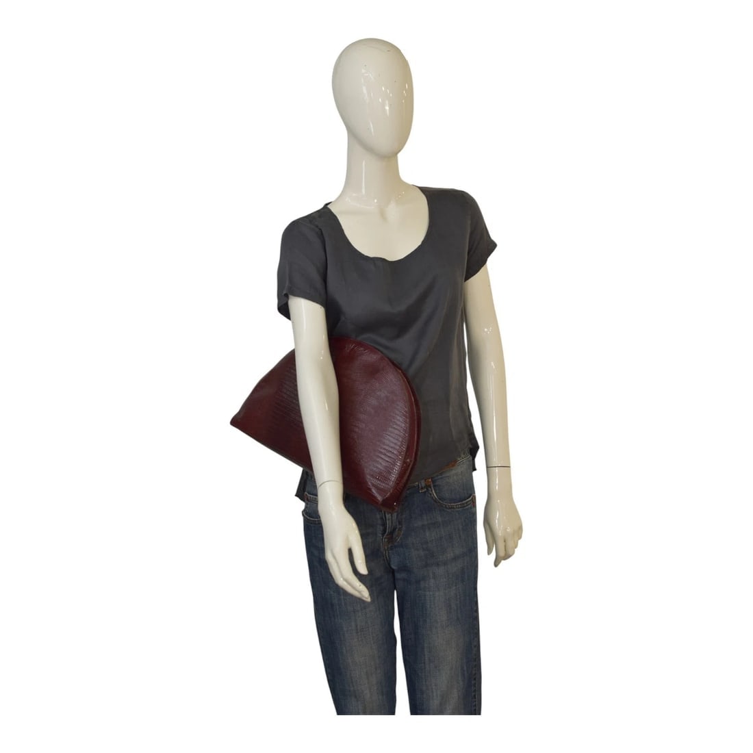 Vergani Vintage Half-Moon Extyra Large Clutch Burgundy Lizard-Embossed Leather - 16