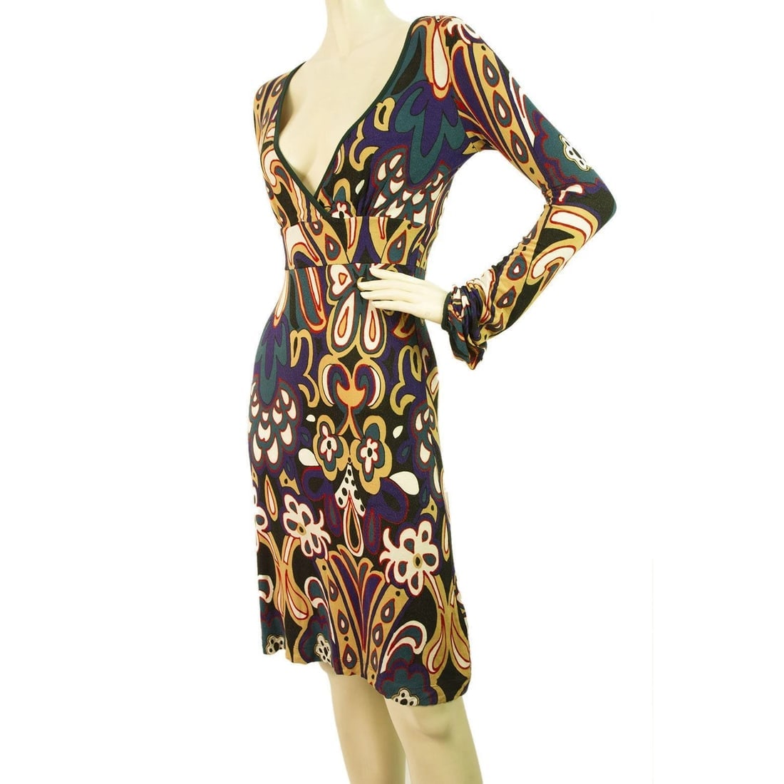 PINKO Caleidoscopic Printed Multicolored Viscose Longsleeve V neck Dress- Sz S - 2