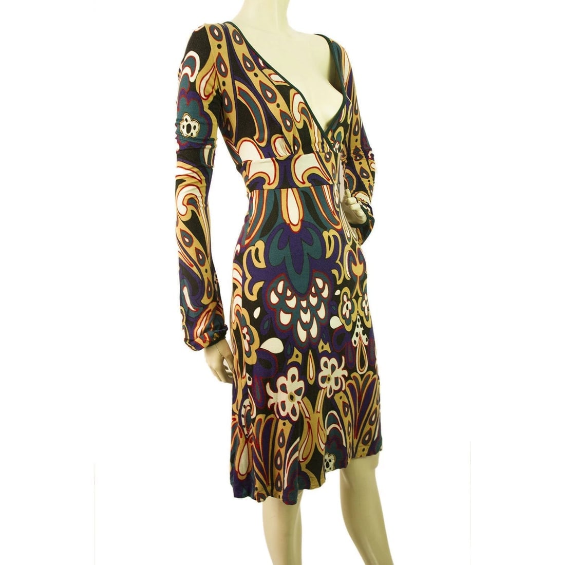 PINKO Caleidoscopic Printed Multicolored Viscose Longsleeve V neck Dress- Sz S - 4