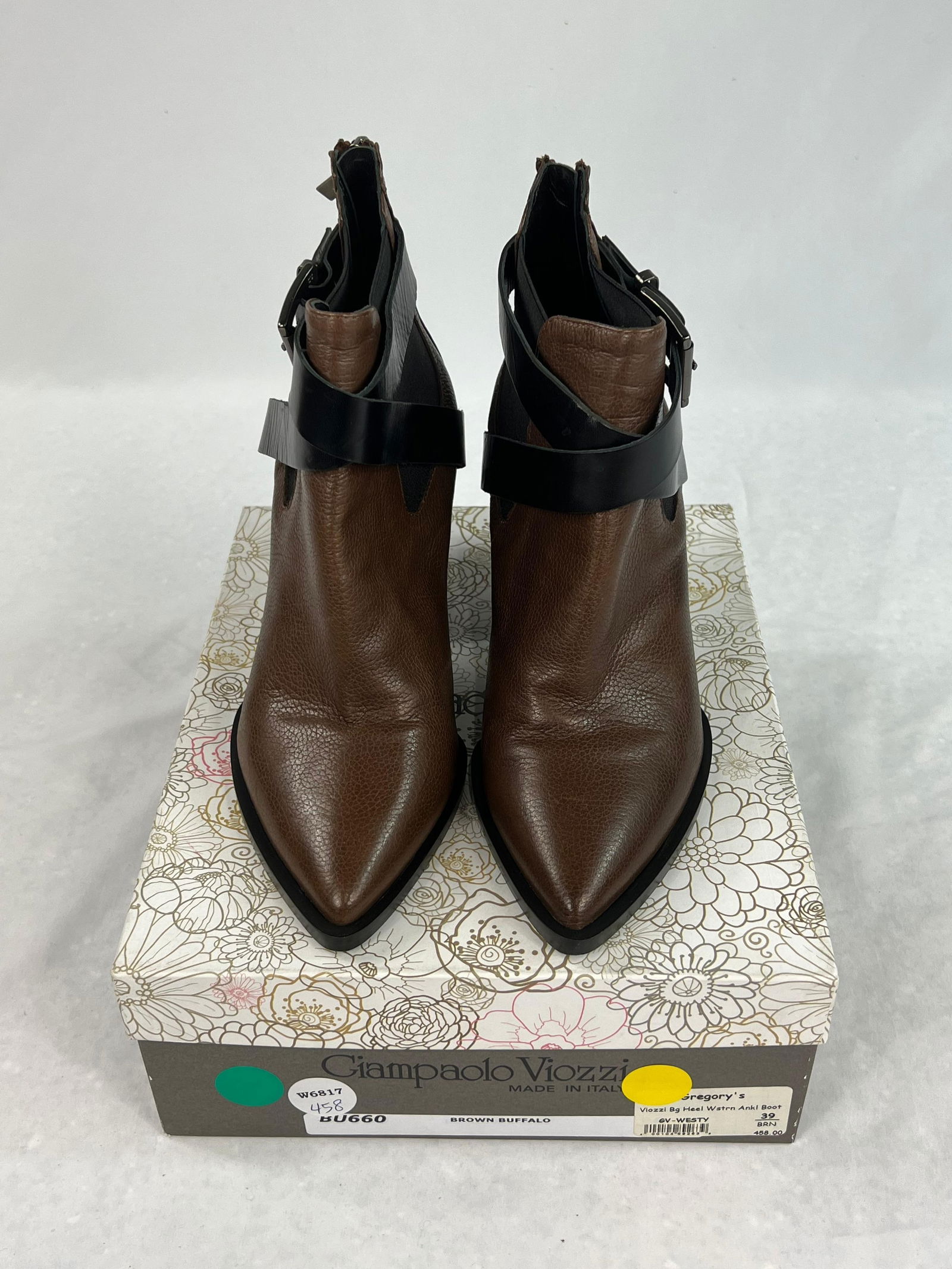 Giampaolo Viozzi Brown and Black Leather Western Ankle Boot, Size 39 - 13