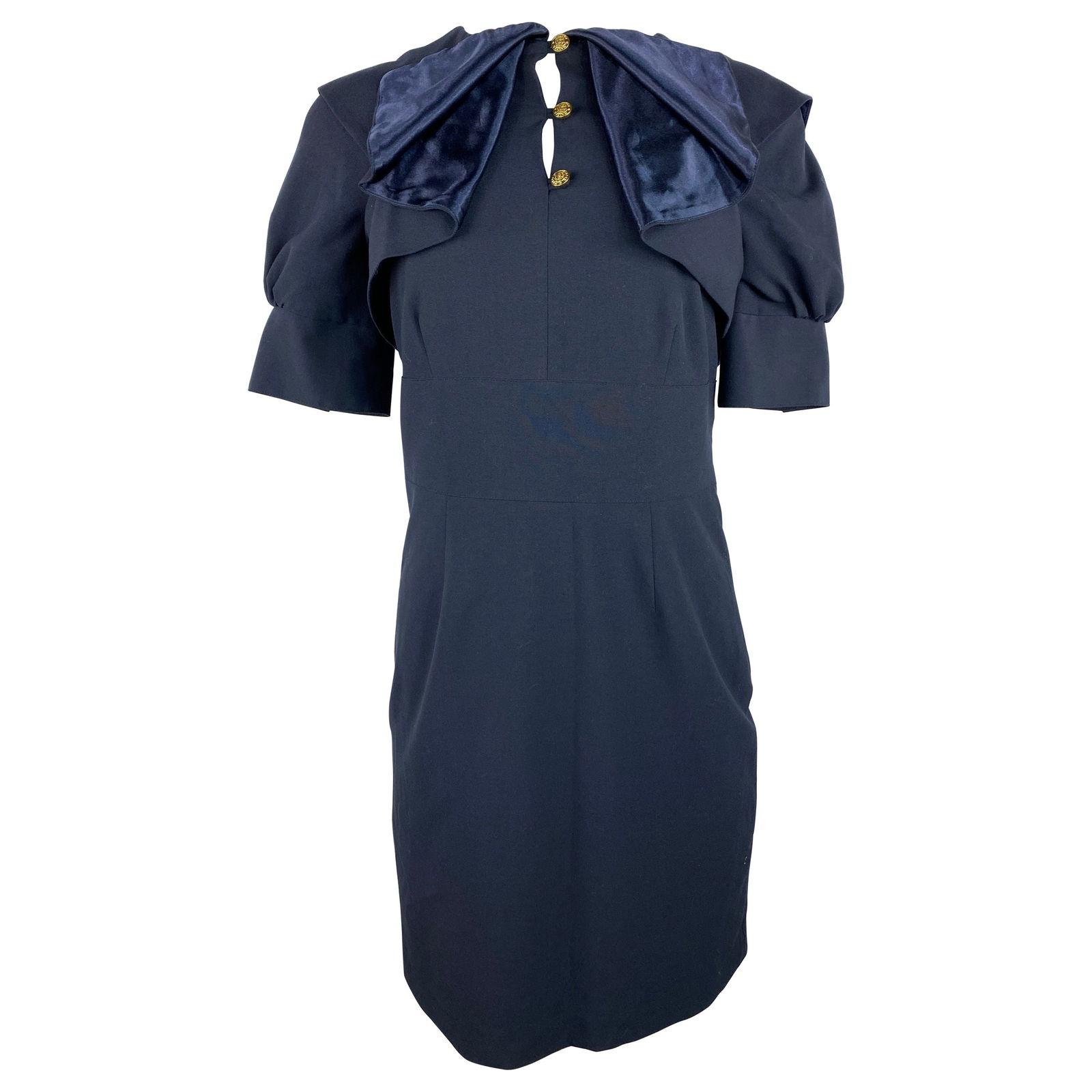 Walter Navy Mini Dress, Size 4: Product details: The dress features ruffled style with balloon sleeves and gold tone button details. Reserve: $280.00 Shipping: Domestic: Flat-rate of $85.99 to anywhere within the contiguou