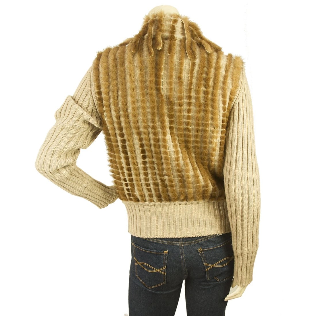 Angelo Marani Beige Wool Vison Fur Long Sleeve Turtle Neck Cardigan - 2