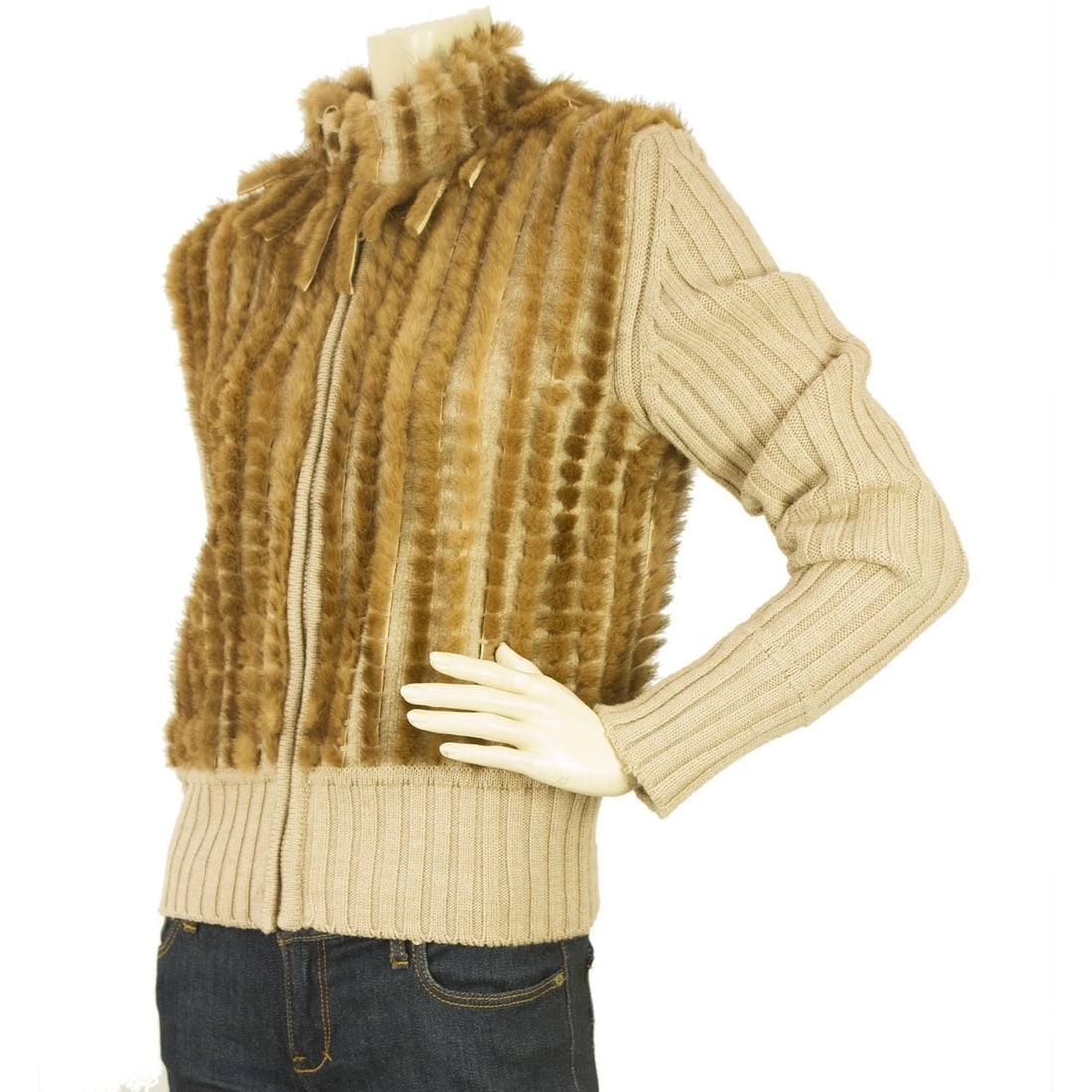 Angelo Marani Beige Wool Vison Fur Long Sleeve Turtle Neck Cardigan - 3