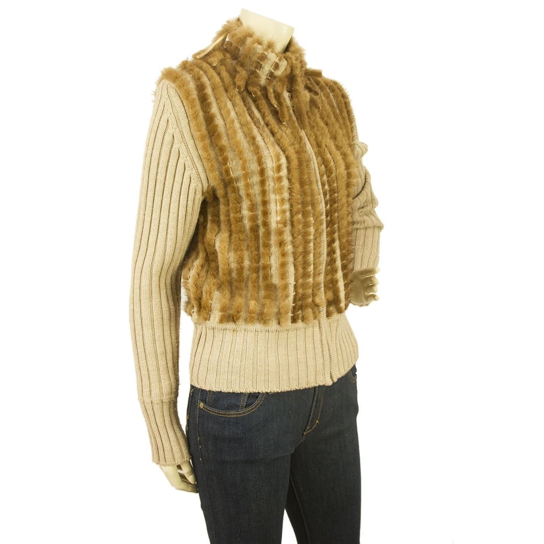 Angelo Marani Beige Wool Vison Fur Long Sleeve Turtle Neck Cardigan - 4