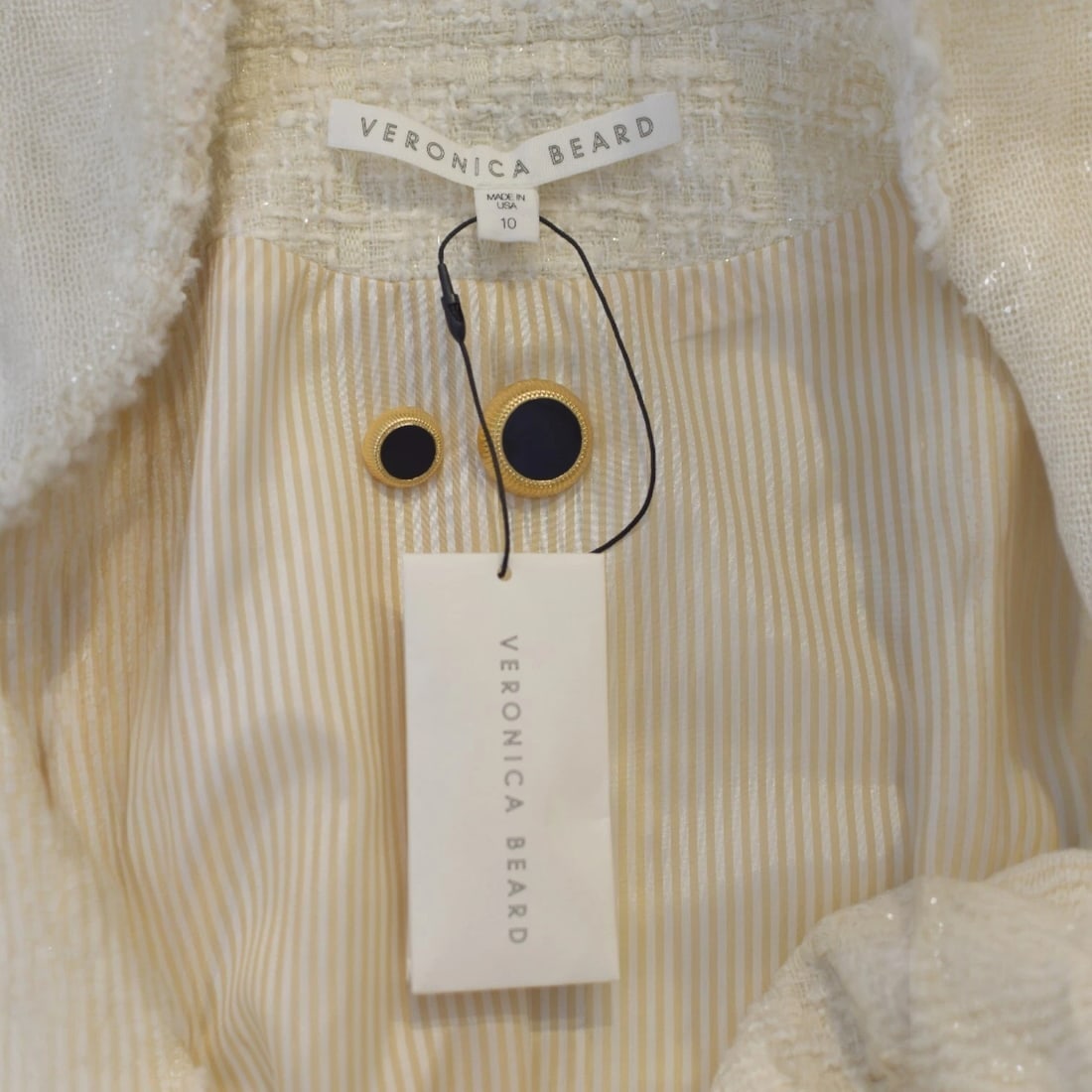 Veronica Beard Cream Tweed Bouclé Blazer with Black Trim – Made in USA, Size 10 - 12