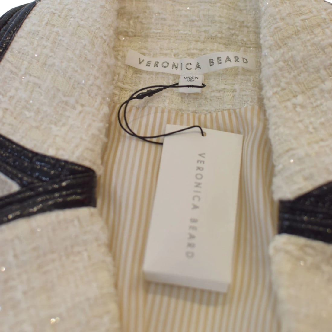 Veronica Beard Cream Tweed Bouclé Blazer with Black Trim – Made in USA, Size 10 - 2