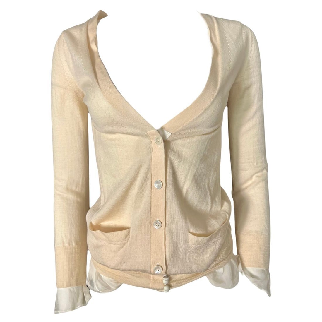 Sacai Luck Ivory Wool Cardigan Sweater, Size 2: V neckline Front button closure Front pockets Ruffled design detail Reserve: $360.00 Shipping:Domestic: Flat-rate of $85.99 to anywhere within the contiguous U.S.International: Foreign