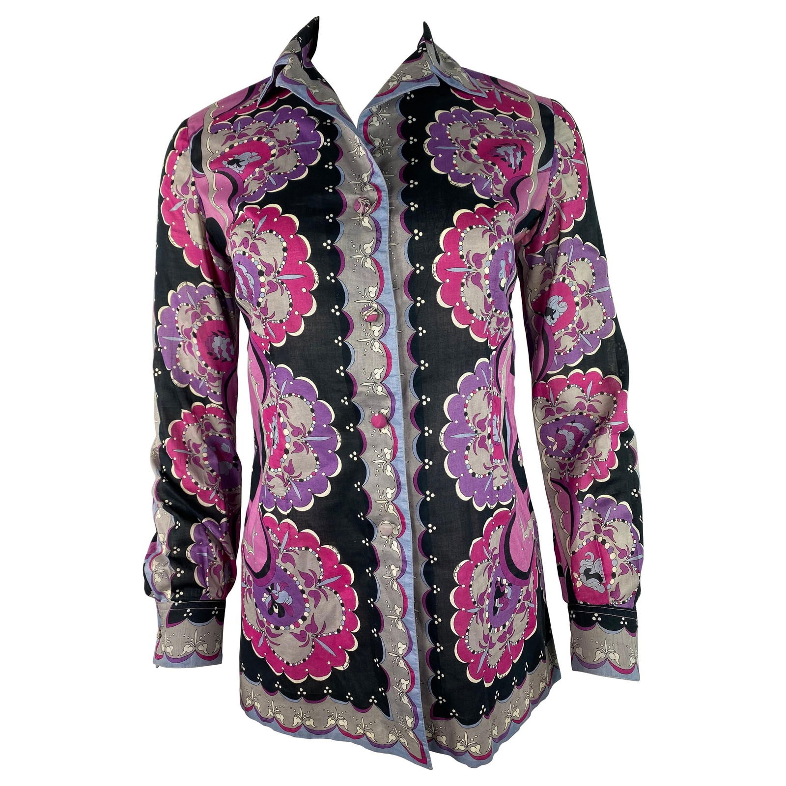 Emilio Pucci Purple and Multicolor Button Down Shirt, Size 10: Product details: Featuring purple, blue, grey, black and white with floral and geometric motif pattern button down shirt with collar design. Reserve: $440.00 Shipping: Domestic: Flat-rate of