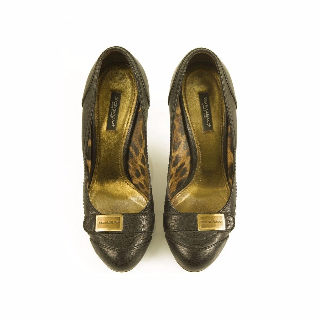 Dolce & Gabbana Dark Brown Leather Pumps Round Toe Wooden Heel sz 37,5 shoes - 6