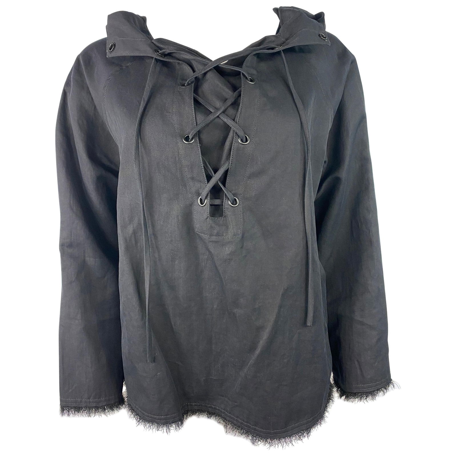 Nili Lotan Black Cotton Top, Size Medium: Product details: The top features black cotton blend with the hood detail on the back, lace closure on the front and pockets on the sides. Made in USA. Reserve: $392.00 Shipping: Domestic: Flat-r