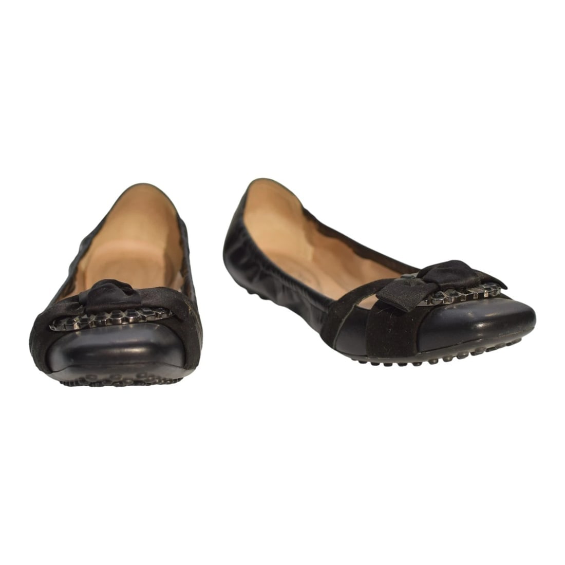 TOD'S Gommino Black Suede Beaded Ballerinas Flat Elastic Shoes Rubber Soles 40 - 2