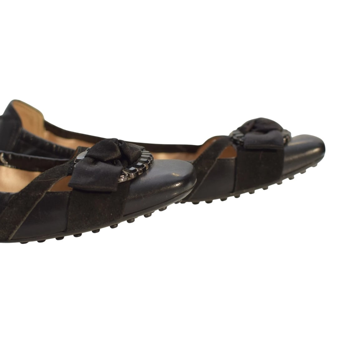 TOD'S Gommino Black Suede Beaded Ballerinas Flat Elastic Shoes Rubber Soles 40 - 9