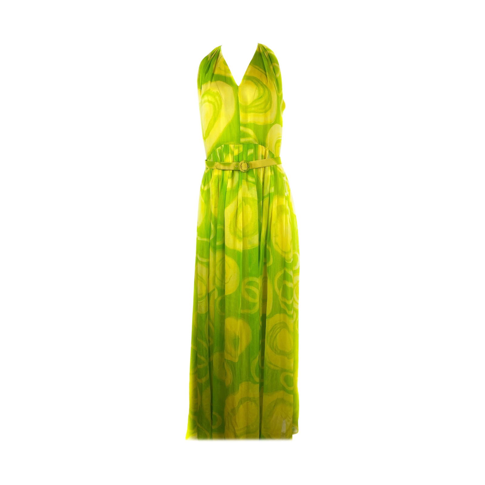 Vintage KIKI HART Yellow and Green Sleeveless Maxi Dress w/ Belt (1 of 20)