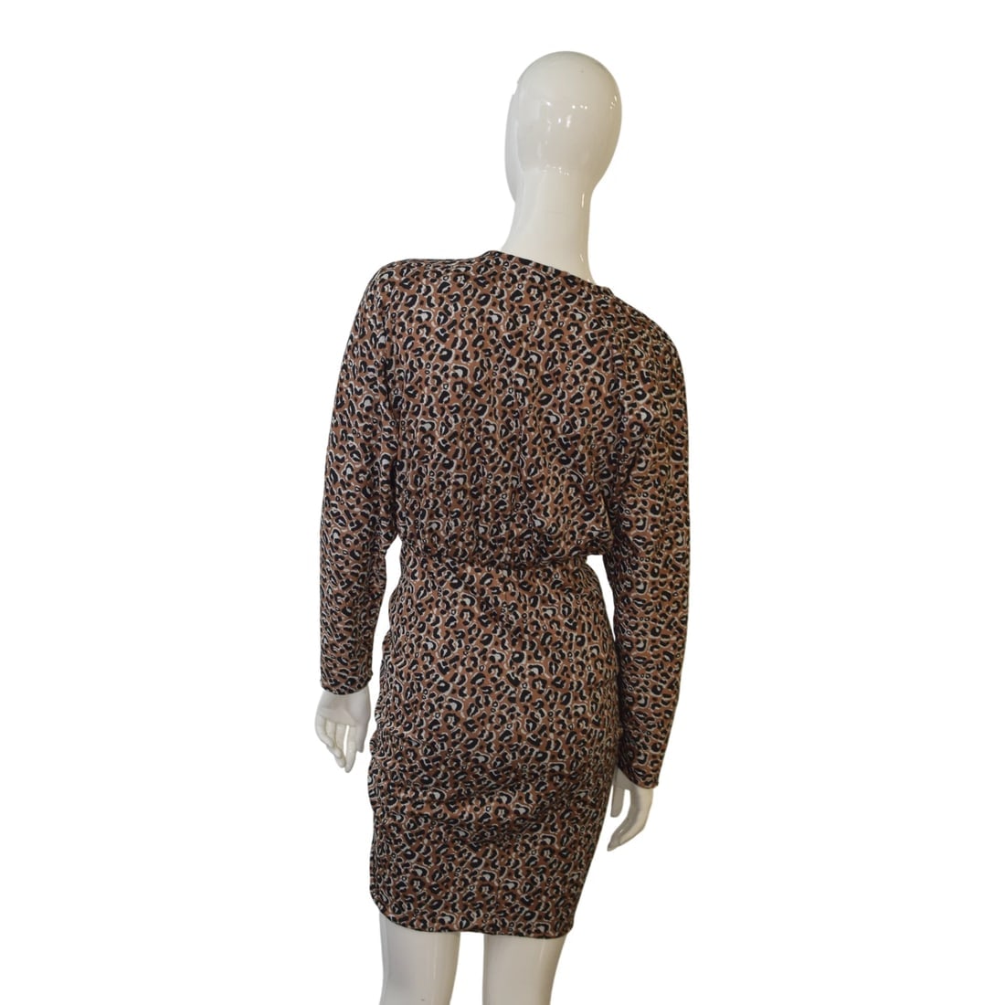 Devotion Leopard Print Bodycon Mini Dress Brown Black Long Sleeve Ruched V-Neck - 2