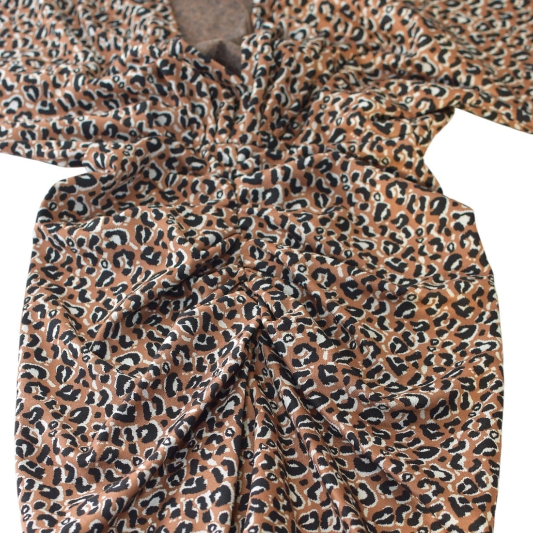 Devotion Leopard Print Bodycon Mini Dress Brown Black Long Sleeve Ruched V-Neck - 5