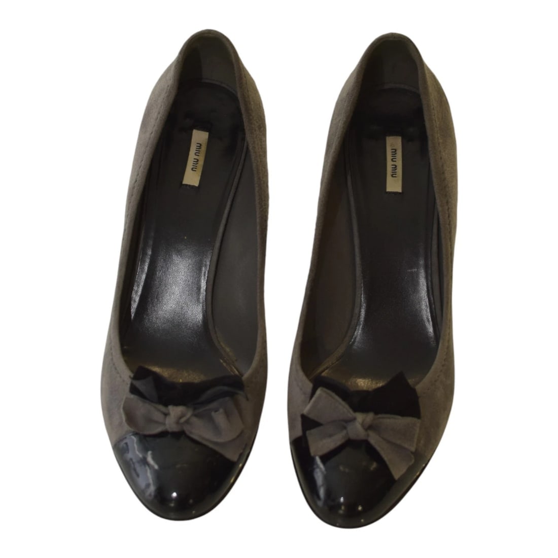 Miu Miu Bow Pumps – Gray Suede with Black Patent Leather Cap Toe size 39.5 - 5
