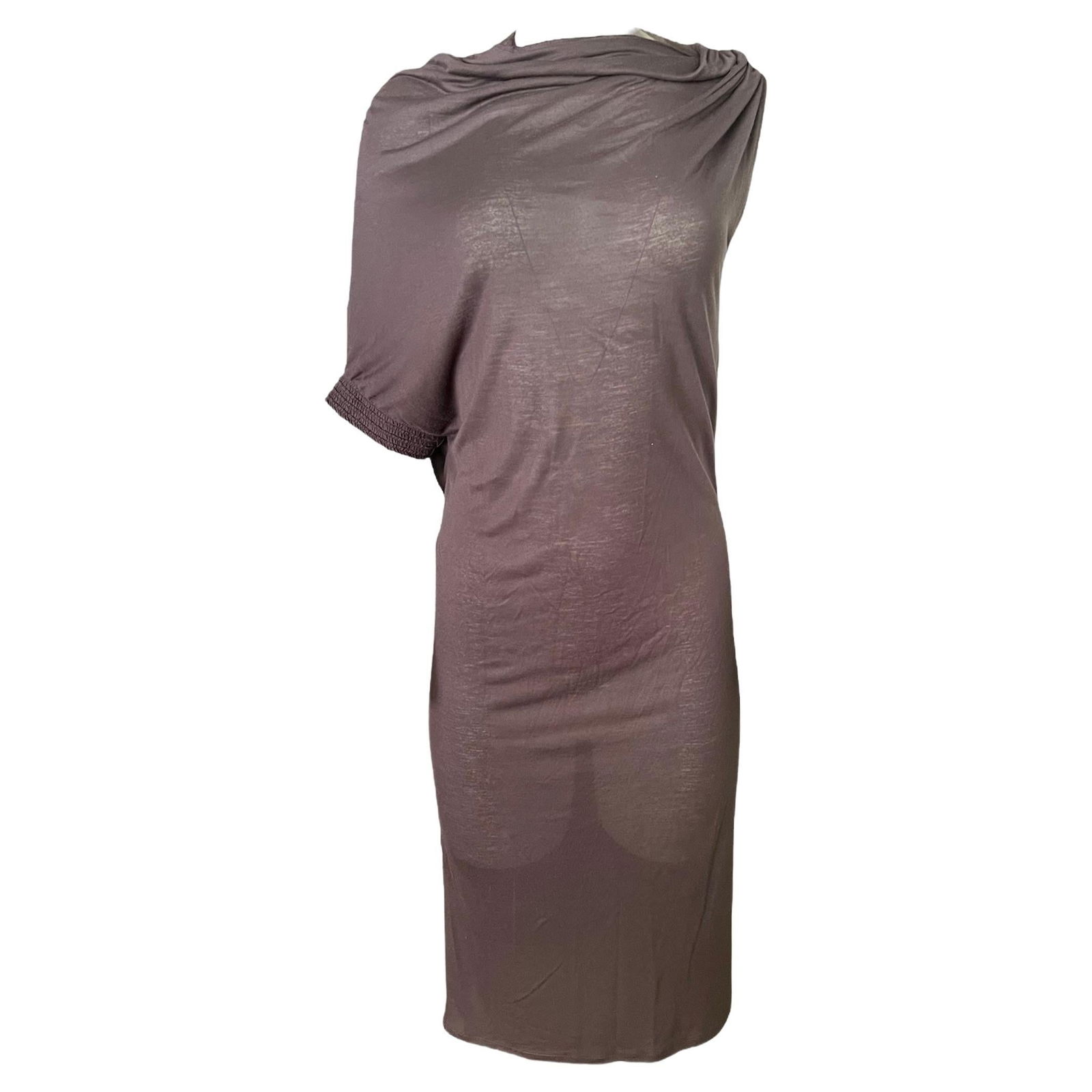 Vintage Lanvin Paris Brown Midi Dress, Size Small: Crew neckline Asymmetrical design on the top Sleeveless on one side and short sleeve on the other side Below the knee length Reserve: $440.00 Shipping:Domestic: Flat-rate of $85.99 to