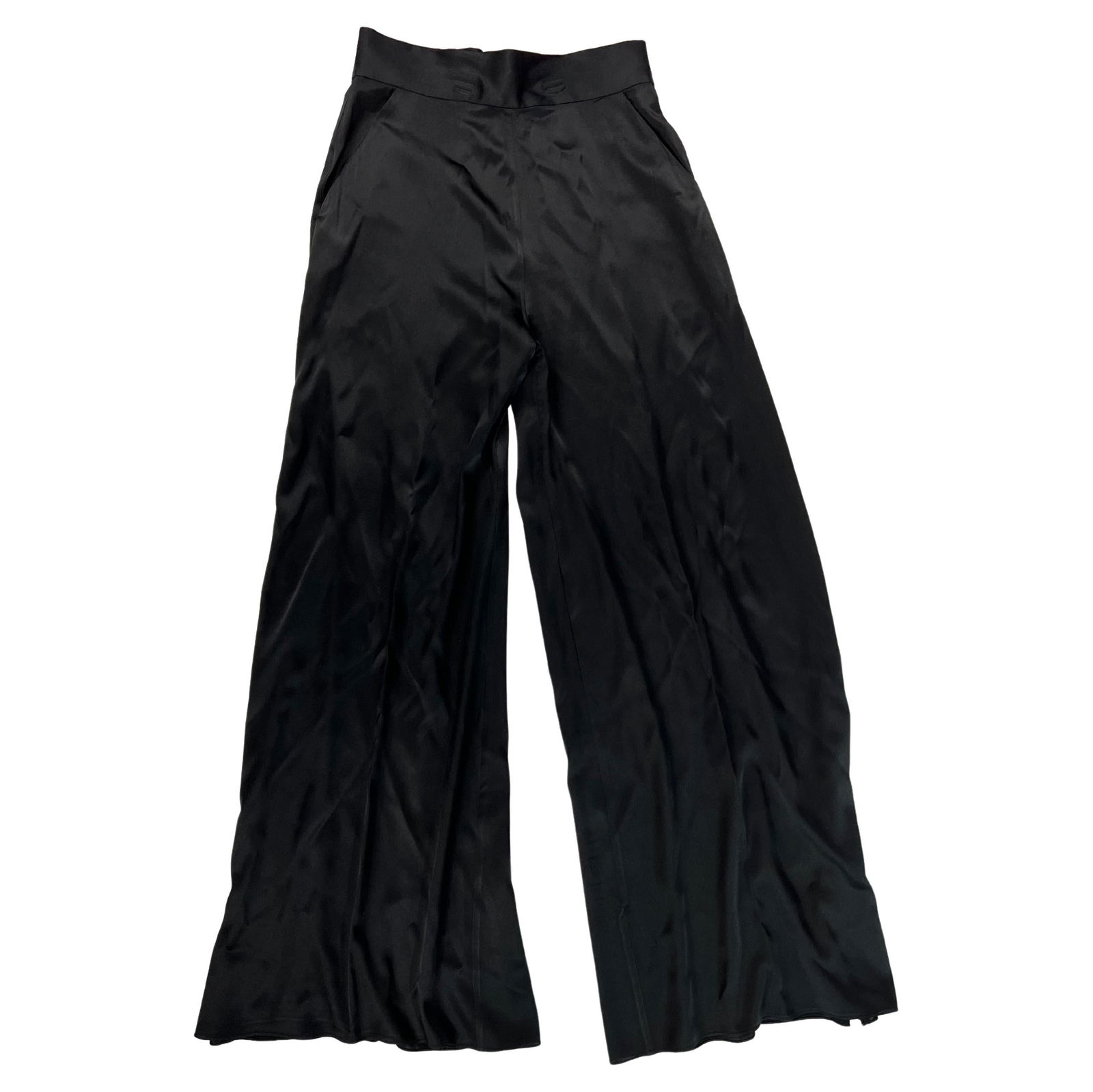 Adriana Iglesias Black Satin Trousers Pants: Product details: The pants feature black satin finish with wide leg style, concealed rear zip closure and side pockets detail. The leg width measure 13” across. Reserve: $440.00 Shipping: Domest