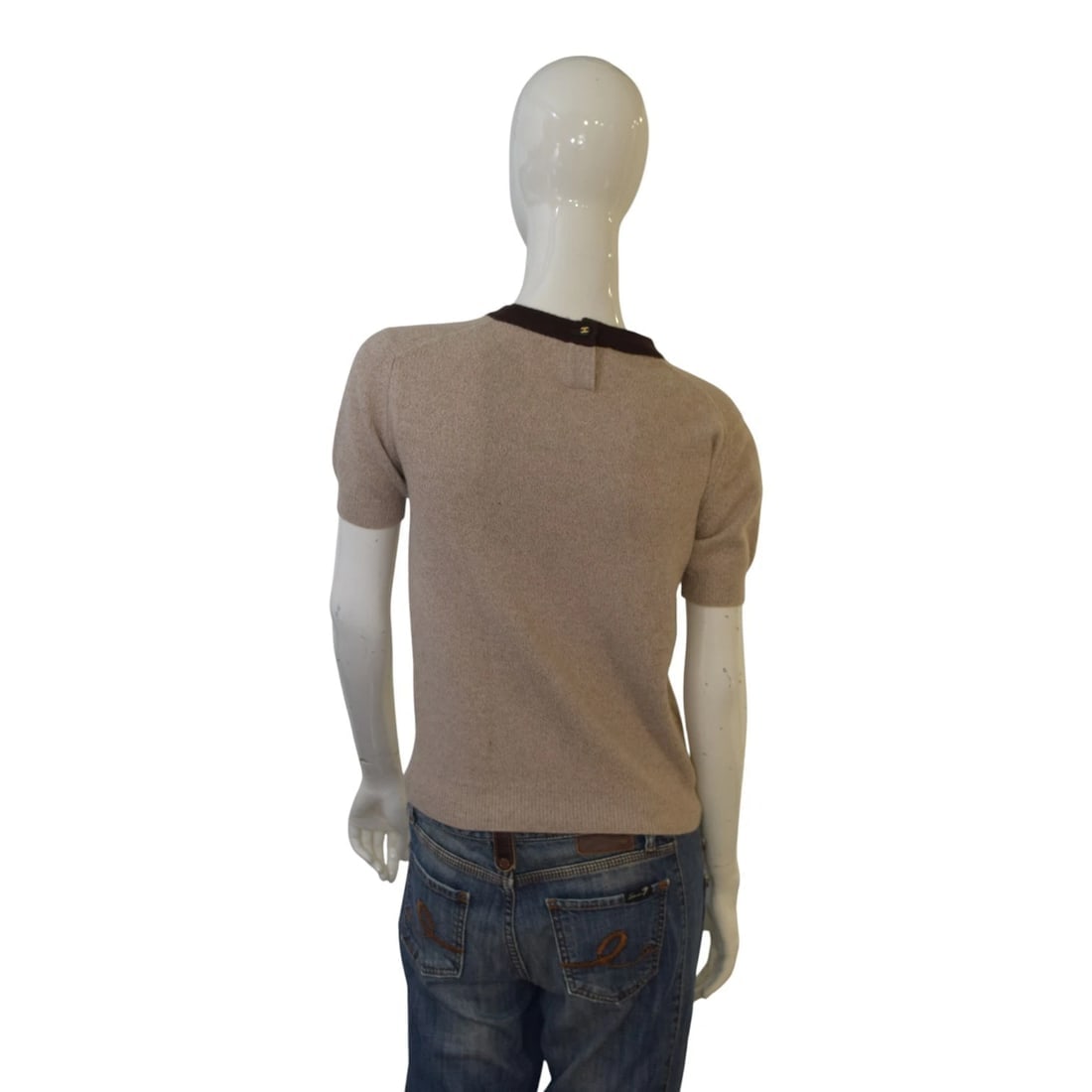 CHANEL Boutique Vintage Short Sleeve Knit Sweater Beige/Brown CC Button Size S - 2