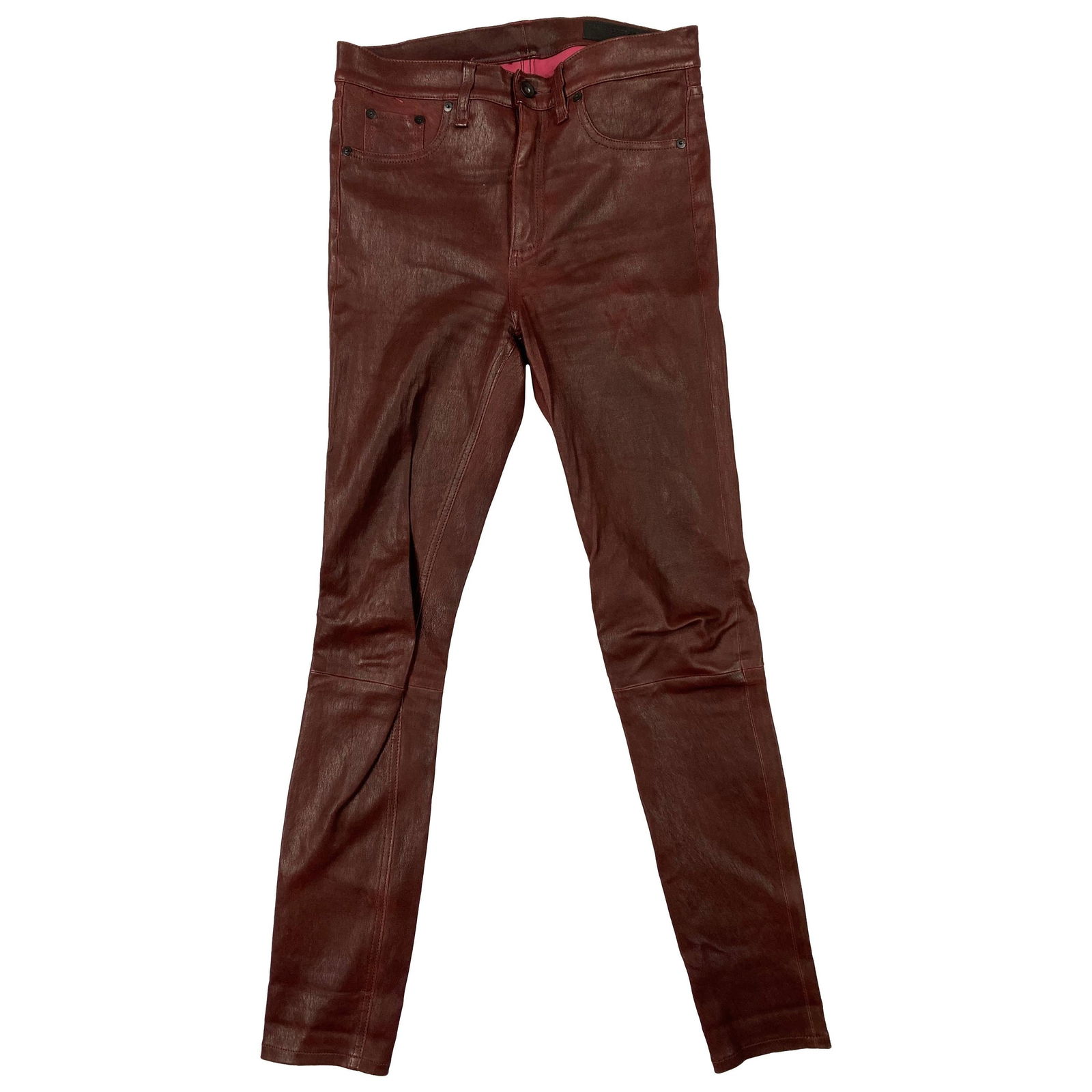 Rag & Bone Burgundy Lamb Leather Pants, Size 27: Product details: The pants are made out of 100% lamb leather, featuring skinny fit. Reserve: $480.00 Shipping:Domestic: Flat-rate of $85.99 to anywhere within the contiguous