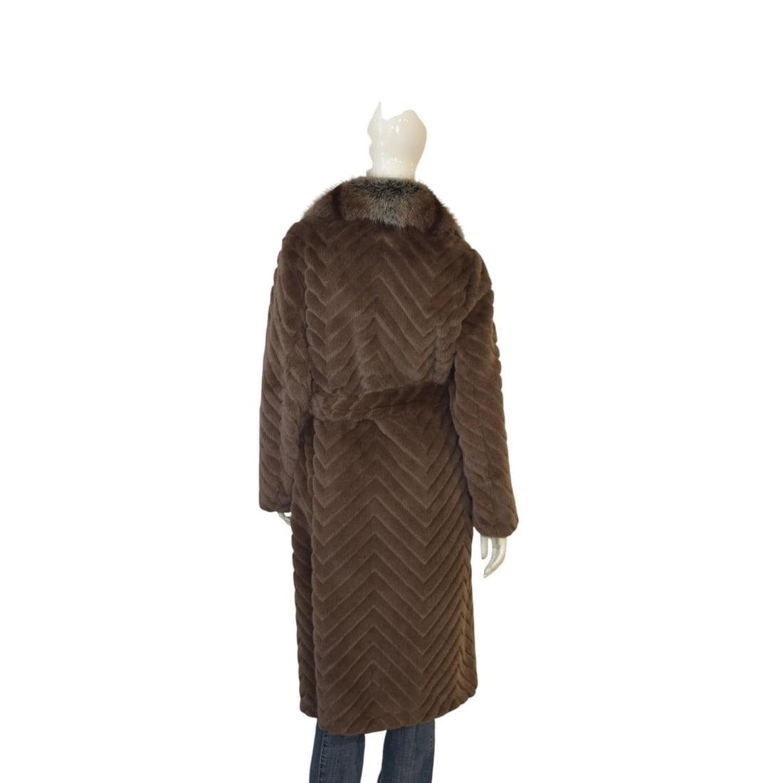 BURRO Faux Fur Long Belted Coat Brown Chevron Pattern with Faux Fur Collar ONS - 2