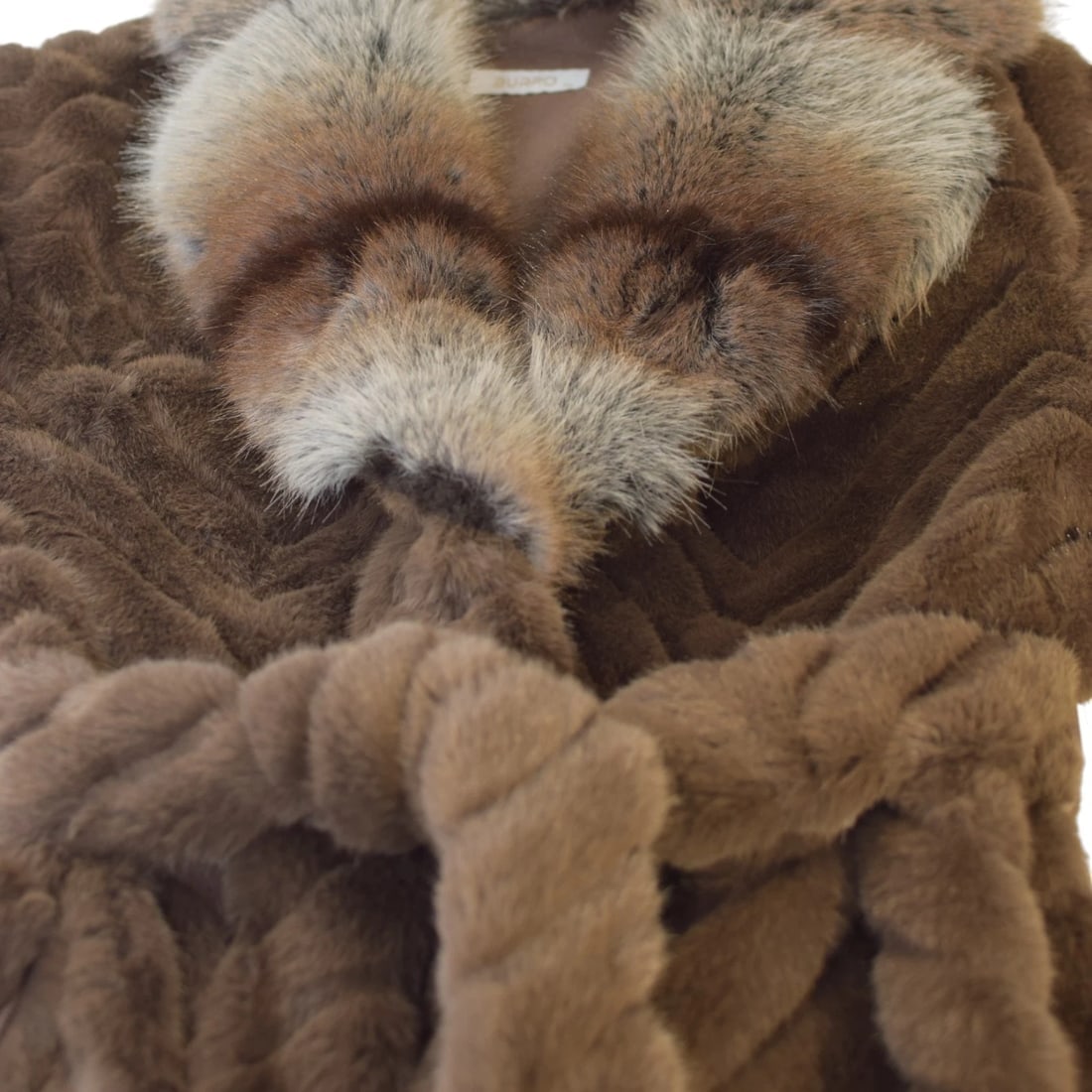 BURRO Faux Fur Long Belted Coat Brown Chevron Pattern with Faux Fur Collar ONS - 8