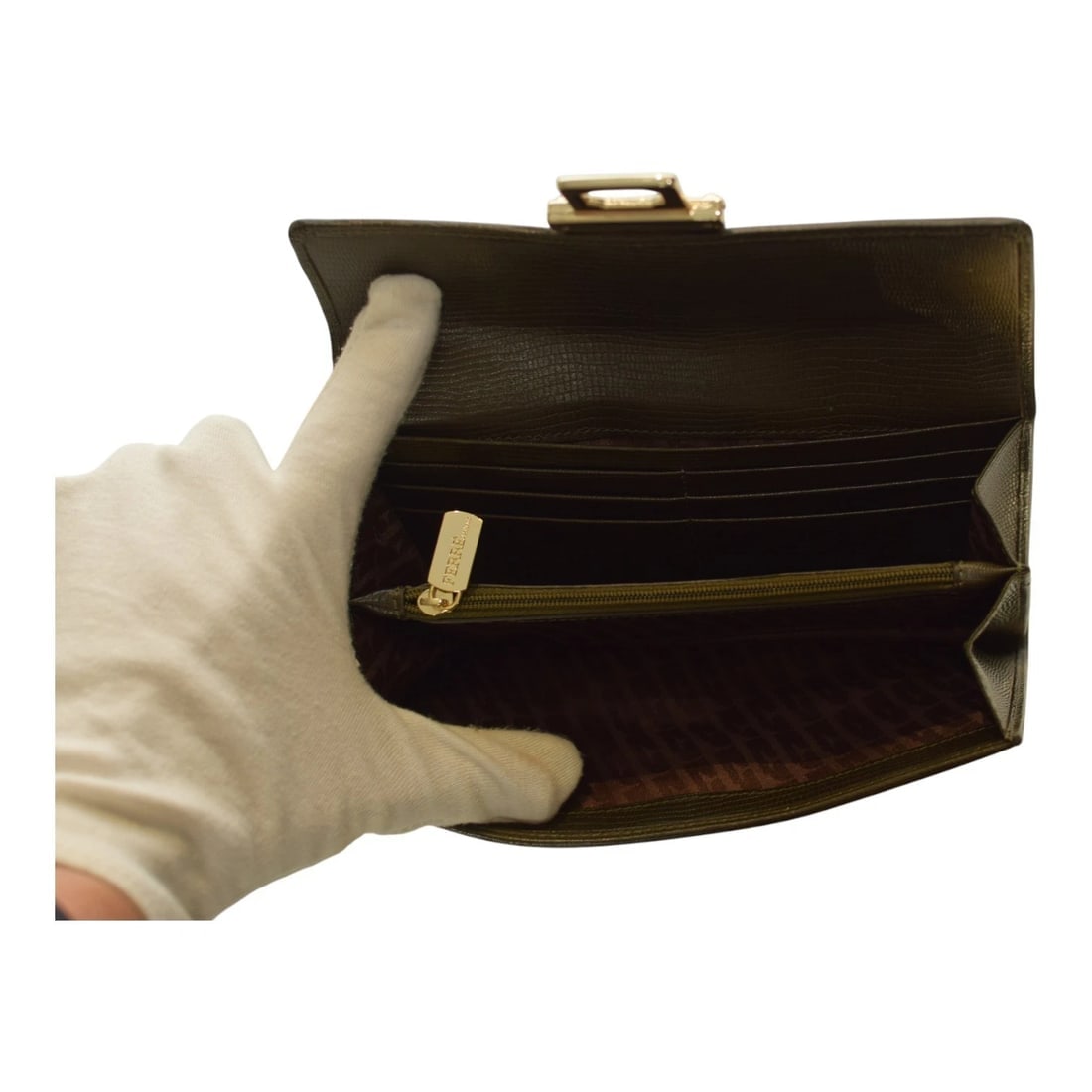 Giangranco Ferre Khaki Leather & Fabric Wallet Gold hardware Long Envelope - 12