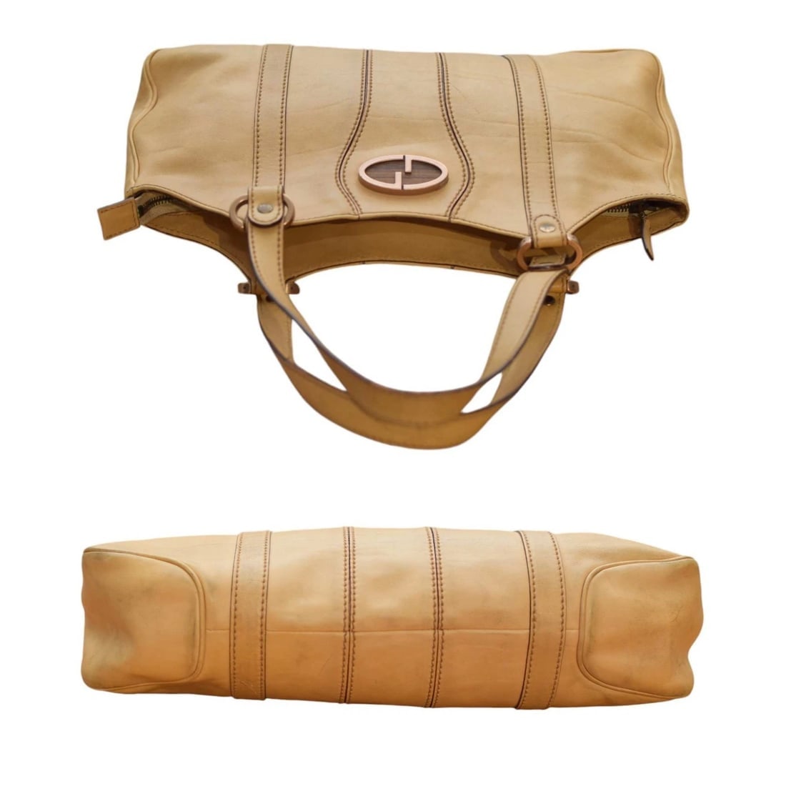 Gucci Vintage Beige Leather Wood Logo Hobo Medium Bag Tote Shoulder Bag handbag - 3