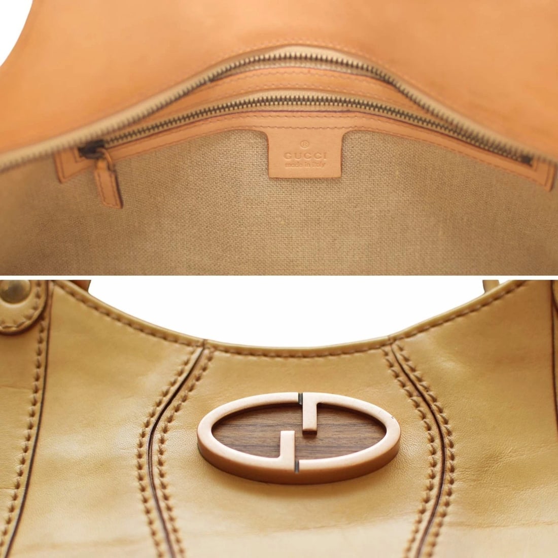 Gucci Vintage Beige Leather Wood Logo Hobo Medium Bag Tote Shoulder Bag handbag - 7