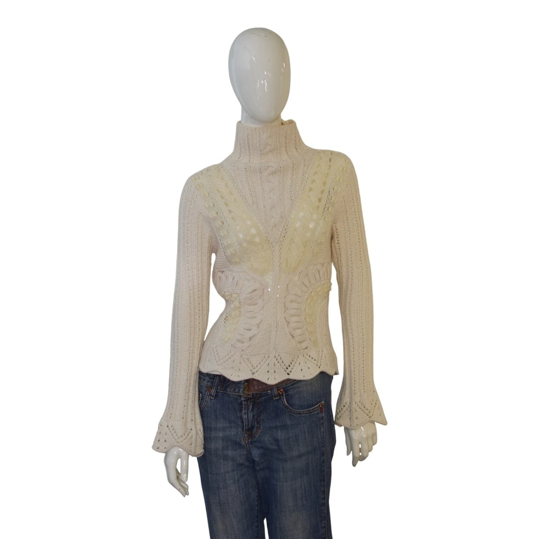 Kenzo Cream Wool Blend Knit Sweater XL Turtleneck Flared Sleeve Lace Crochet: Title:Kenzo Cream Wool Blend Knit Sweater XL Turtleneck Flared Sleeve Lace CrochetDescription:Kenzo Cream Wool Blend Knit Sweater XL Turtleneck Flared Sleeve Lace Crochet This exquisite sweater by