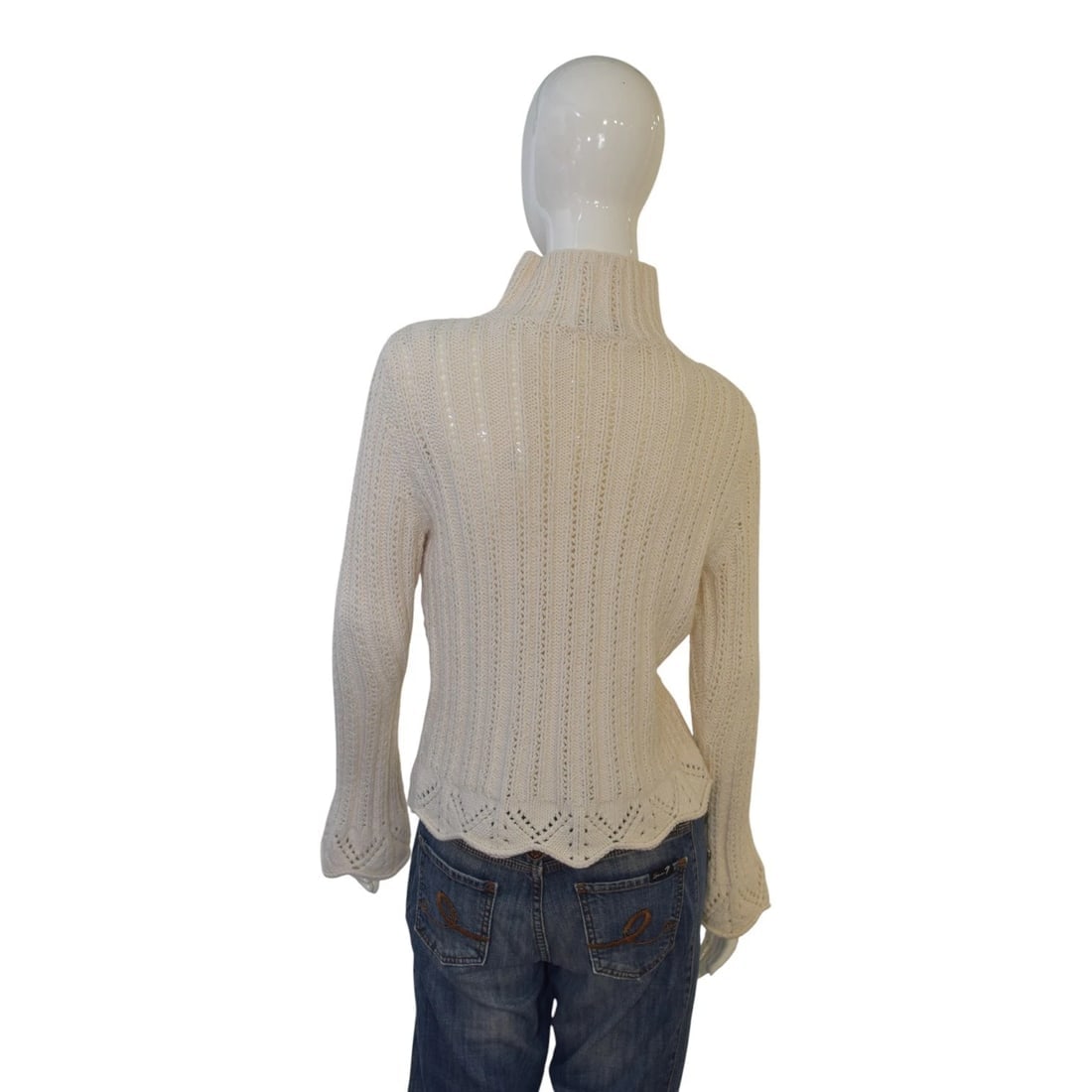 Kenzo Cream Wool Blend Knit Sweater XL Turtleneck Flared Sleeve Lace Crochet - 2