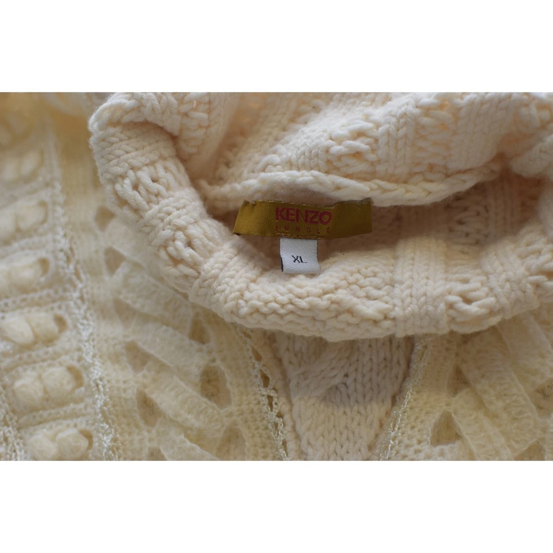 Kenzo Cream Wool Blend Knit Sweater XL Turtleneck Flared Sleeve Lace Crochet - 3