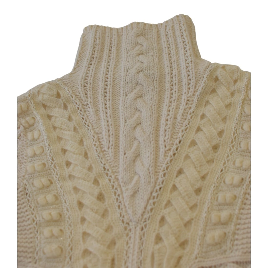 Kenzo Cream Wool Blend Knit Sweater XL Turtleneck Flared Sleeve Lace Crochet - 4