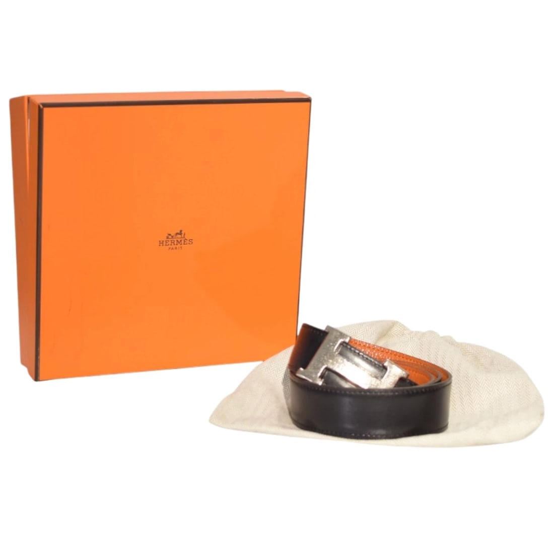 Hermès Reversible H Belt 32mm Black & Gold Togo Leather with Silver Buckle Sz 80 - 7