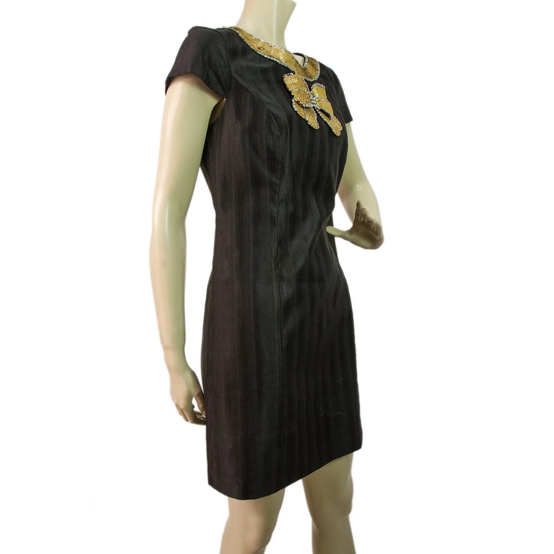 Tibi Black Embellished with Gold Bow Detail Shift Dress - Sz4 - 3