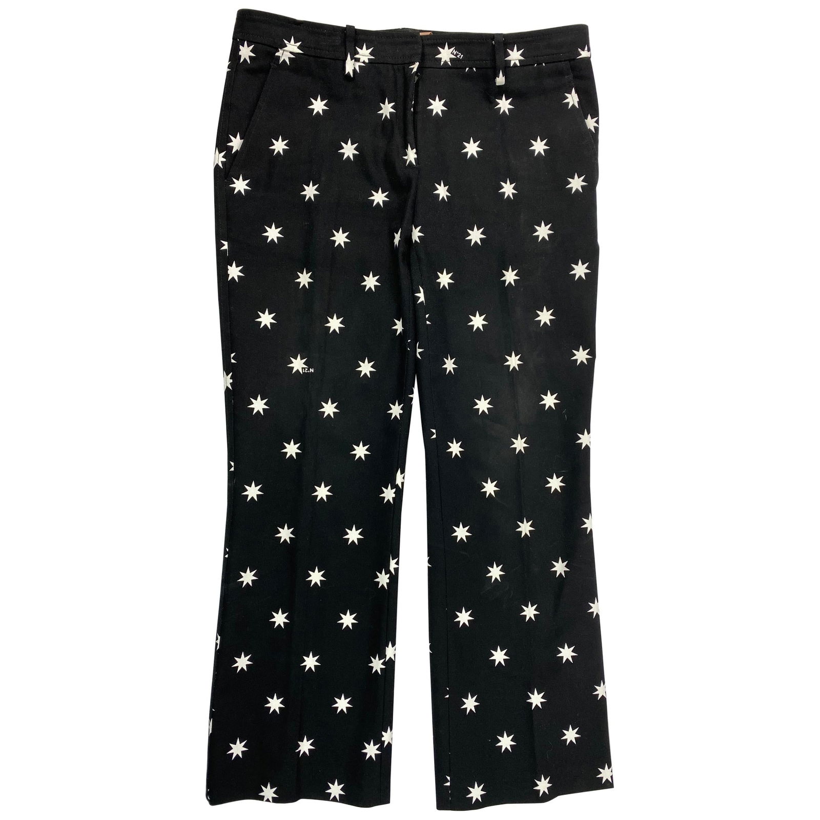NO. 21 Black and White Cotton Star Pants, Size 44: Product details: Featuring cotton black trousers with white star pattern, straight fit, side pockets. Reserve: $440.00 Shipping: Domestic: Flat-rate of $85.99 to anywhere within the contiguo
