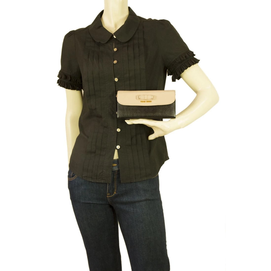 Miu Miu Beige and Black Leather Wallet Gold hardware Bow Long Envelope - 11