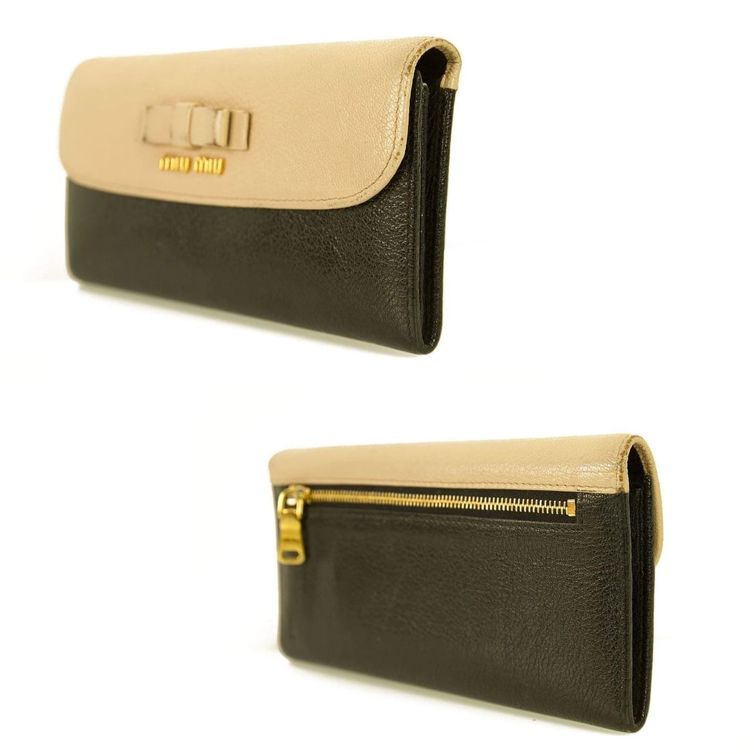 Miu Miu Beige and Black Leather Wallet Gold hardware Bow Long Envelope - 3