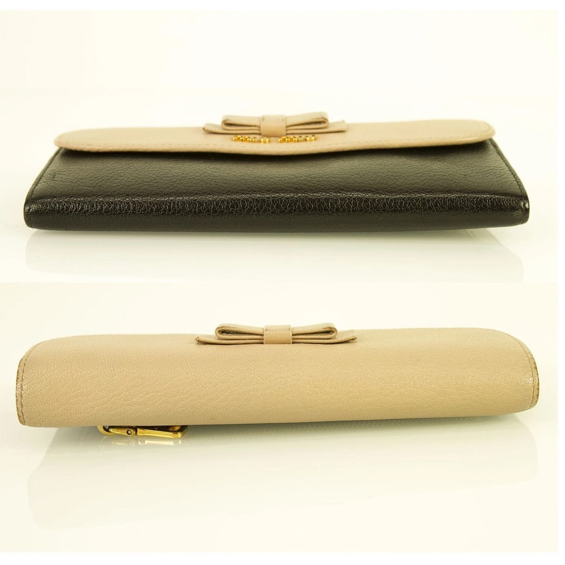 Miu Miu Beige and Black Leather Wallet Gold hardware Bow Long Envelope - 5