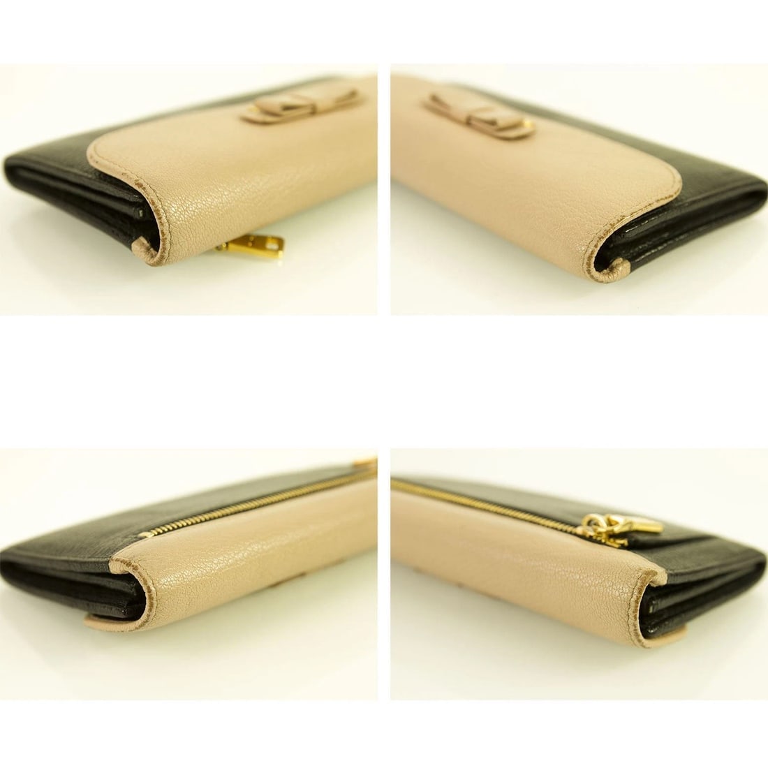 Miu Miu Beige and Black Leather Wallet Gold hardware Bow Long Envelope - 6