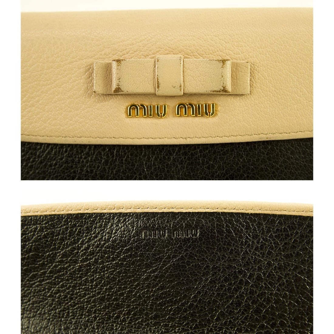 Miu Miu Beige and Black Leather Wallet Gold hardware Bow Long Envelope - 7