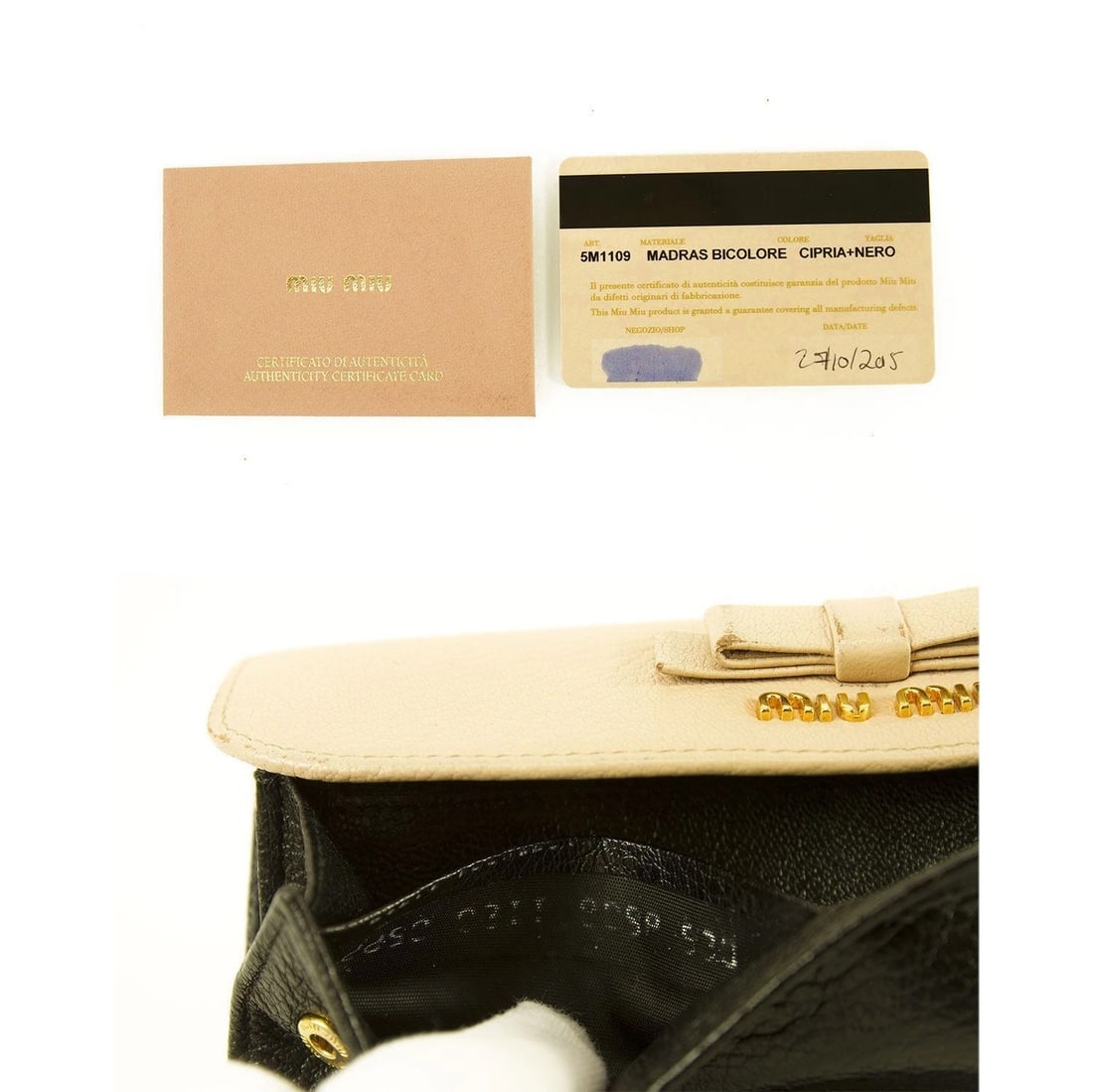 Miu Miu Beige and Black Leather Wallet Gold hardware Bow Long Envelope - 9