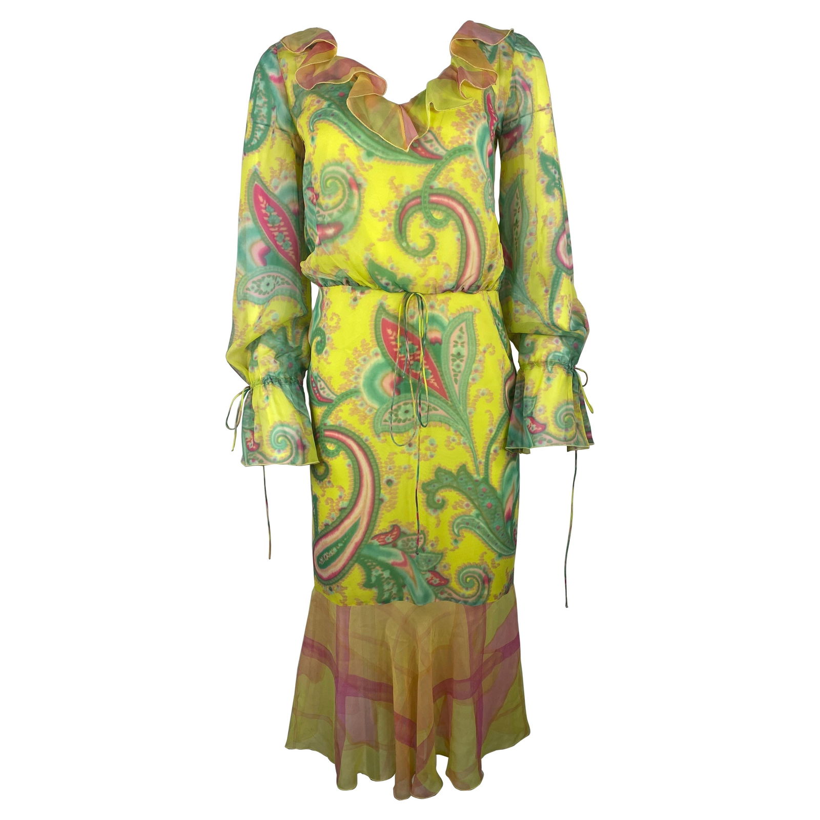Vestimenta Multicolor Silk Midi dress, Size 34: Product details: The dress is made out of 100% silk, it features pink, green, yellow and orange colors with floral pattern, ruffle design and tie detail at the waist and the sleeves, mid length. 