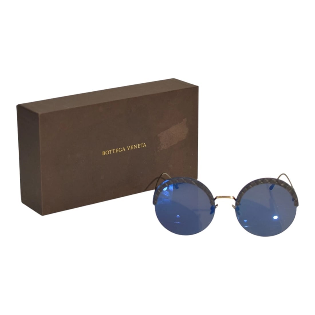 Bottega Veneta 0208S 003 60-18 Blue Metal & Leather Round Oversized Sunglasses - 2