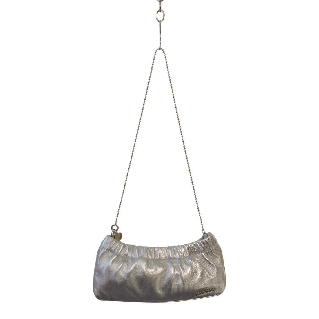 Miu Miu Metallic Silver Ruched Leather Clutch Shoulder Bag with Chain - 13