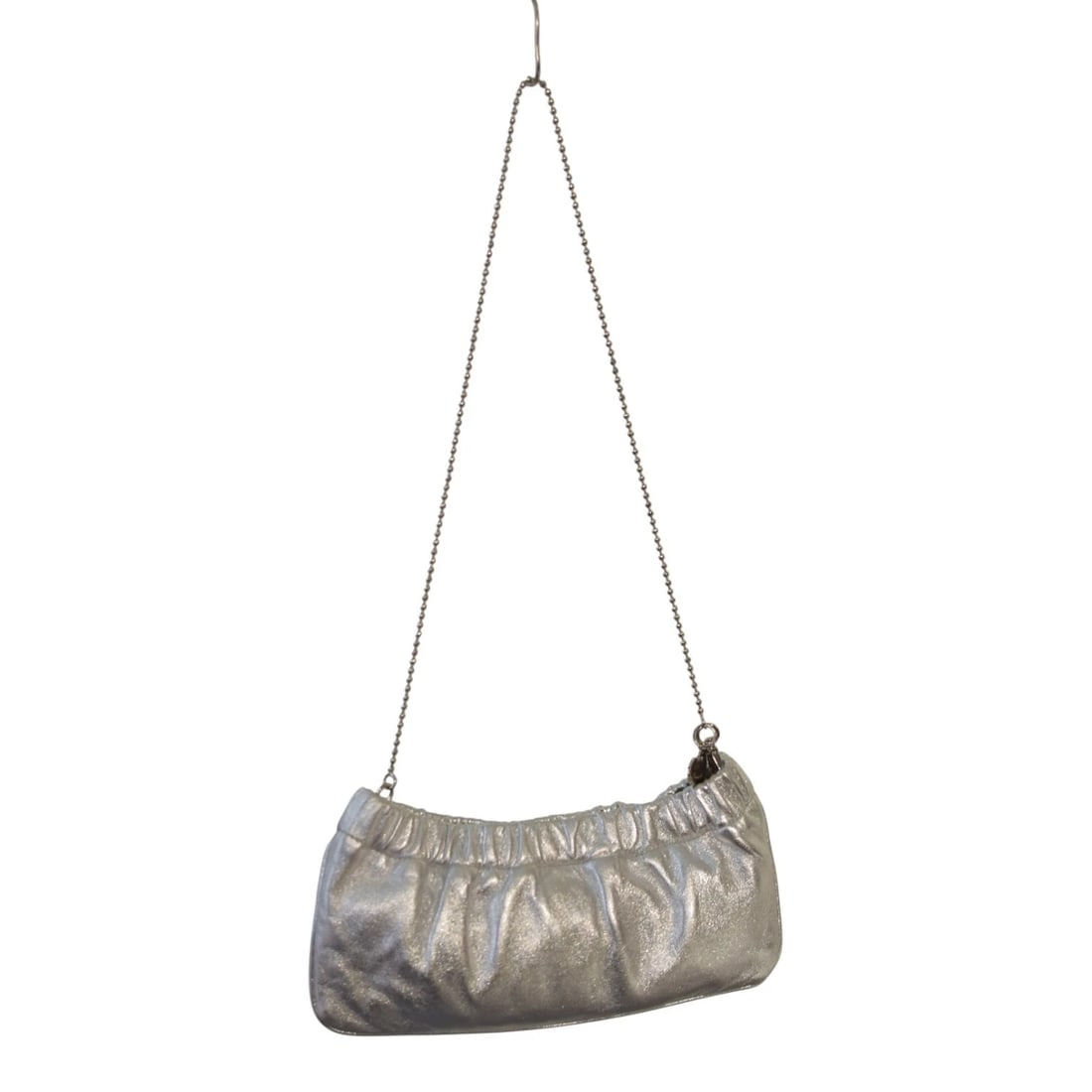 Miu Miu Metallic Silver Ruched Leather Clutch Shoulder Bag with Chain - 15