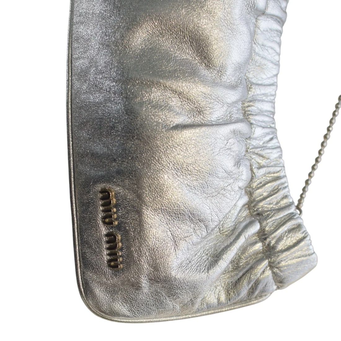 Miu Miu Metallic Silver Ruched Leather Clutch Shoulder Bag with Chain - 16