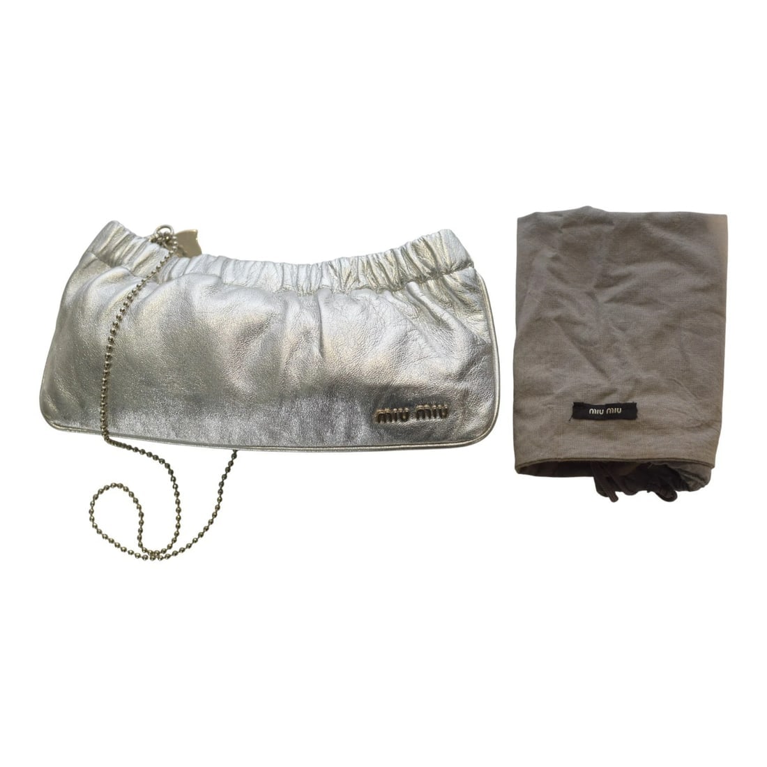 Miu Miu Metallic Silver Ruched Leather Clutch Shoulder Bag with Chain - 19